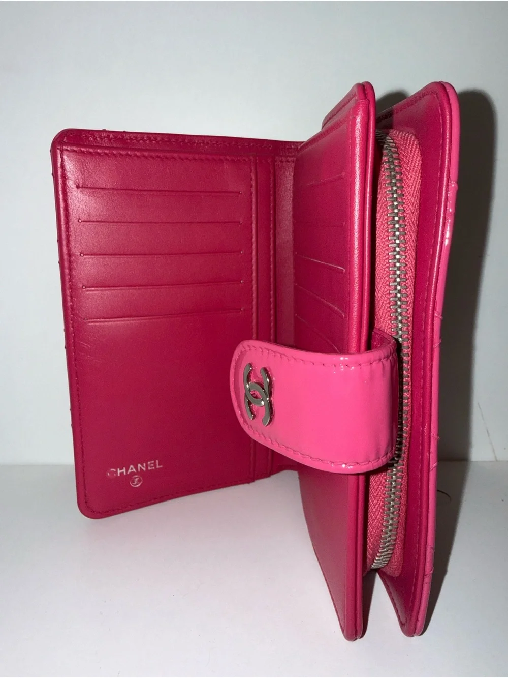 CHANEL Pink Quilted Patent Leather Wallet